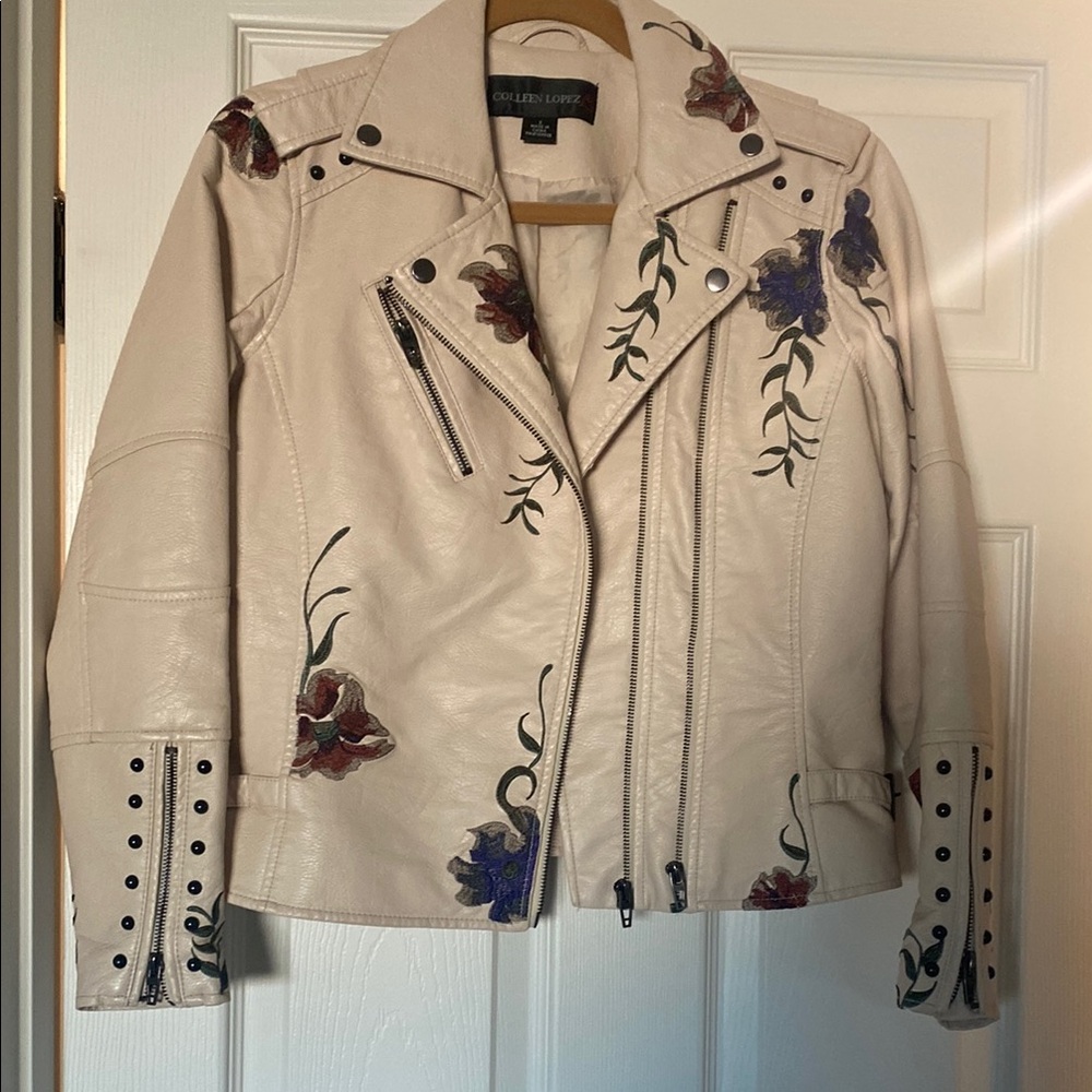 Colleen Lopez Cream Leather Jacket with Floral Embellishments